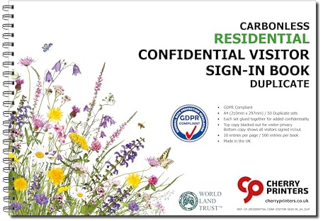 Cherry Carbonless NCR bostad konfidentiell besökare inloggningsbok | 50 duplicerat set | A4 storlek | perforerad toppkopia | Wiro bundet | miljövänligt papper