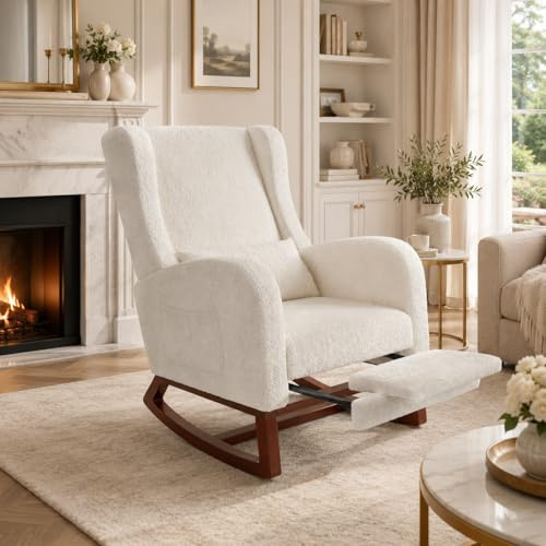 MIOOSUT Silla Mecedora con Reposapiés, Silla Mecedora Sillón Relax con Cojín Lumbar Silla de Balancín con Bolsillo Lateral y Respaldo Silla Mecedora para Dormitorio (Sherpa, Blanco Cremoso)