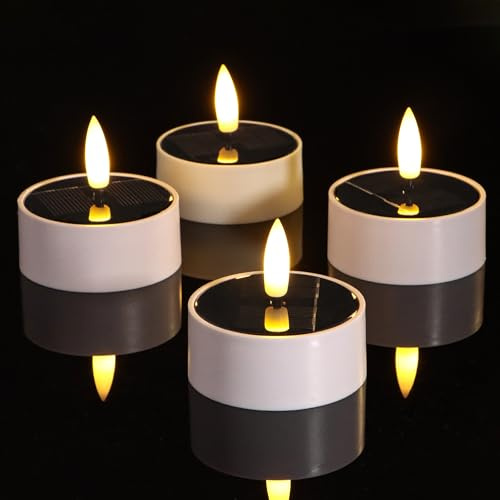 ZIYOUDOLI Velas LED solares impermeables sin llama de 6 cm con función de temporizador, paquete con 4 velas parpadeantes que funcionan con pilas para uso en exteriores