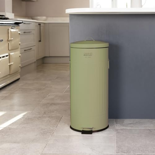 CHARLES BENTLEY Kitchen Bin, 30 Litre, Steel, Round, Retro Style, Kitchen Pedal Waste Bin, Green, Contemporary, Aesthetic, Convenient, Side And Lid Handles, Inner Bucket, Easy Emptying (68.5x29cm)