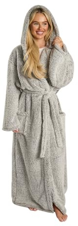 OHS Dressing Gown Teddy Marl, Super Soft Warm Hooded Full Length Ladies Dressing Gowns with Pockets Oversized Bathrobe Women Adult Loungewear & Sleepwear, Charcoal Grey - One Size