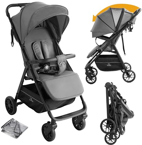 MoLi Ultraleichter Kinderwagen mit nur 4,6 kg, Buggy für Babys bis 15 kg, Reisebuggy mit Verstellbarer Liegeposition, Kompakter, Tragbarer, Zusammenklappbarer Kinderbuggy mit Zubehör (A8 Grey)