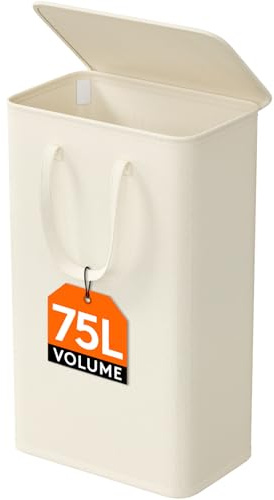 Lifewit Cesta Portabiancheria Salvaspazio con Coperchio, Cesto Biancheria Sporca Sottile con Manici, Portabiancheria Sporca Pieghevole per Camera da Letto, Bagno, Lavanderia, 75 L, Bianco