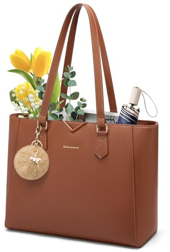 RAINSMORE Sac a Main Femme Sac Cabas Grand Capacité Sacs Fourre-Tout Imperméable Sacs Ordinateur Portable Cuir PU Sac à Main Femme Avec Pompon Amovible pour Cours Affaires Voyage
