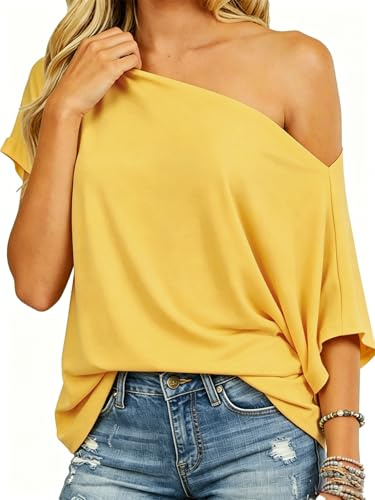 Dressmine Womens Summer Off Shoulder Top Batwing Short Sleeve Shirts Sexy Loose Button Down Blouse