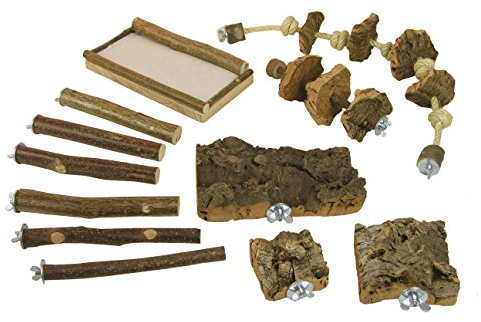 VogelKing Starter-Set Vogelspielzeug Groß | 3xSitzbretter aus Kork | 6X Sitzstangen aus Naturholz | 1x Knabberkorkseil | 1x Sitzstange mit Knabberkork | 1x Sitzbrett