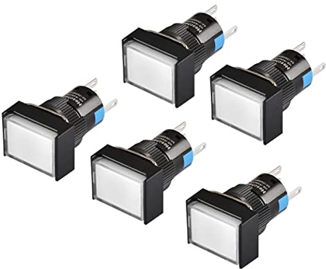 Heschen 16 mm rektangel tillfällig tryckknappsbrytare 1NO 1NC 5 stift 24 V LED-lampa 5-pack (vit)
