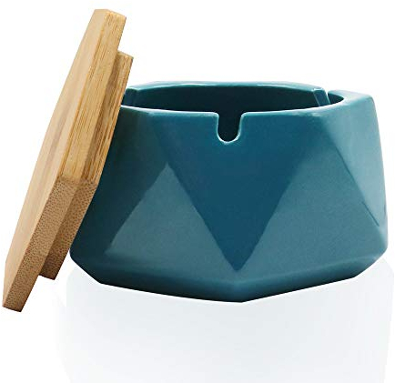 Aschenbecher Keramik für Draussen Winddicht Tischaschenbecher mit Bambus Deckel Praktisch Schön Desktop Dekor für Innen Im Freien - Blaugrün