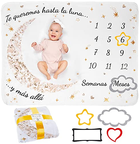 ODOXIA Manta Meses Bebé En Español | Manta Bebe Personalizada, Unisex | De Estrellas Y Luna | Regalo Personalizado De Nacimiento para Nuevas Mamás | Manta Mensual Bebe | Incluye Marcos De Colores