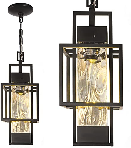 15 Outdoor Indoor Pendant Light Exterior Hanging Lantern, Modern Black Metal Outside Chandelier Light Fixture Ceiling Mount with Water Glass for Front Porch Entrance Foyer Entryway (Bulb Included)