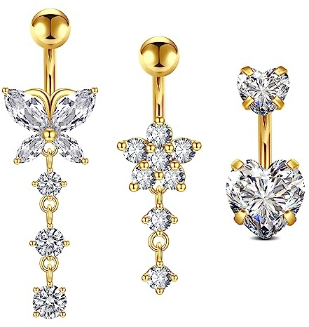 Crdifu 3pz Barra ombelicale corta 6mm Anello ombelicale piccolo Oro Acciaio chirurgico Cuore Farfalla Fiore con ciondolo Piercing Gioielli
