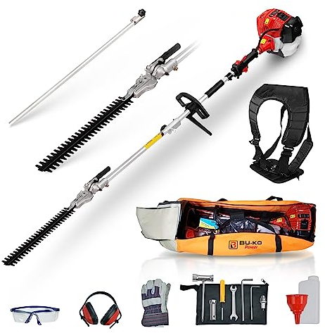 BU-KO 52 cc Benzin-Heckenschere mit großer Reichweite und 75 cm Verlängerungsstange mit Werkzeugtasche für bequeme Lagerung, präzises Trimmen für hohe Hecken und Büsche, einfach zu bedienen,