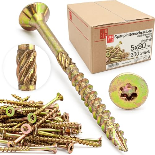 Lun Fix Spanplattenschrauben 5,0x80 mm | 200 Stück | TX25 (I-Stern) - Senkkopf/Fräsrippen | Gelb Verzinkt | Torx Schrauben | Holzschrauben | Universalschrauben | Senkkopfschrauben