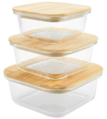 Jocca - Lot de 3 récipients en verre avec couvercle en bambou/lot de 3 récipients en verre avec couvercles/passent au micro-ondes, au congélateur, au four, au lave-vaisselle