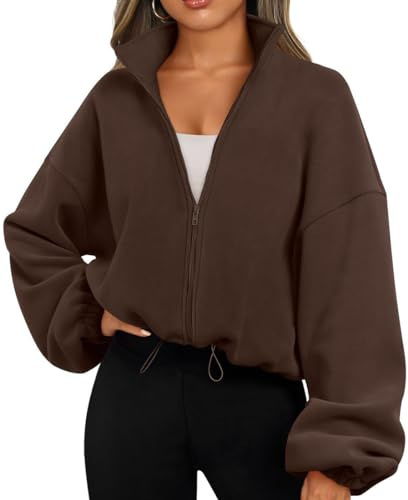 EUDOLAH Damen Reißverschluss Sweatshirt Langarm Fleece Schüttelvlies Pulli Outwear Jacken Herbst Winter Sweatjacke mit Kordelzug Kaffee S