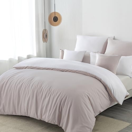 Nesture Ropa de cama de 135 x 200 cm, 2 piezas, color beige/blanco, ropa de cama reversible de microfibra, suave y no necesita planchado, 1 funda nórdica y 1 funda de almohada de 80 x 80 cm con