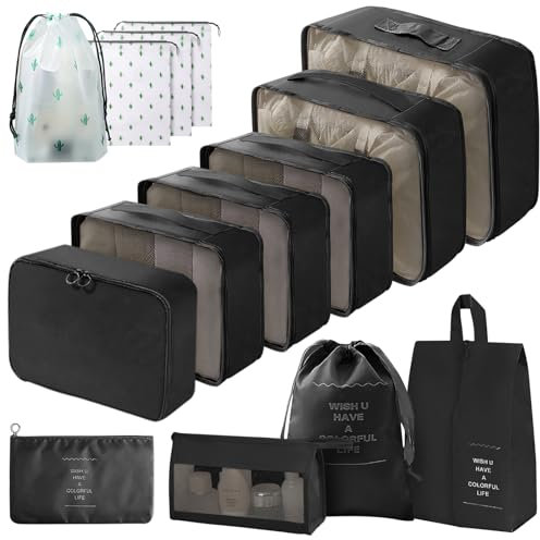 Gemtte Koffer Organizer Set, 14 Stück Wasserdicht Packing Cubes, Multifunktionale Travel Packwürfel, Kofferorganizer Packtaschen für Koffer, Reise Organizer Set Mit Kleidertaschen (Schwarz)