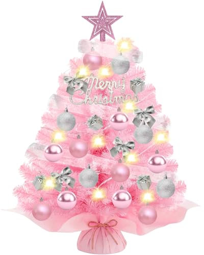 YSWOVUO Mini Weihnachtsbaum Rosa, Weihnachtsbaum Klein 60cm, Kleiner Weihnachtsbaum mit LED Beleuchtung und DIY Dekoration Ornamenten, Tisch Tannenbaum für Weihnachten Deko