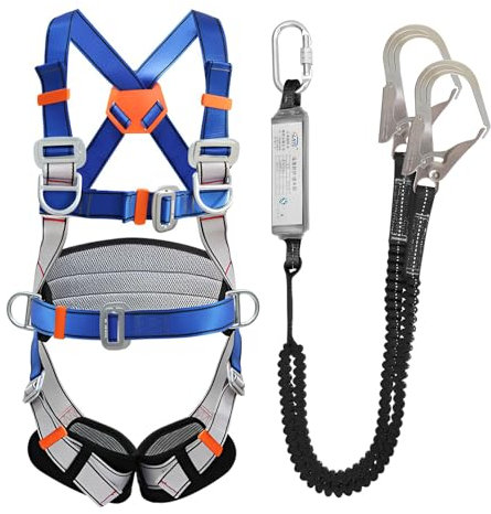 FIYSON Ceinture de sécurité anti-chute et anti-chute, mousqueton réglable en acier allié à 5 points, double ceinture de sécurité, utilisée pour l'escalade en plein air, l'alpinisme (Bleu gris)