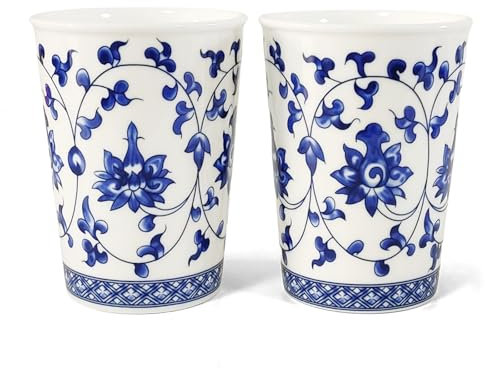 KOPYFANTAP Lot de 2 Tasses à Café Sans Anse, Tasse Japonais en Céramique, Tasses à Thé Porcelaine Chinoise Motif Floral Bleu et Blanc pour Cola Lait etc. 275 ML