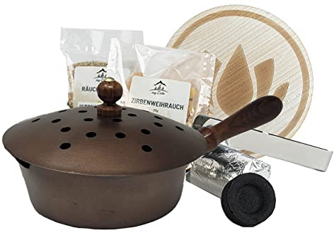 Högkvalitativ rökelsepanna av järn med trähandtag kopparfärgad – komplett set inklusive kol, sand och tång – boenderökning för hartser och rökelse (Ø 16 cm)