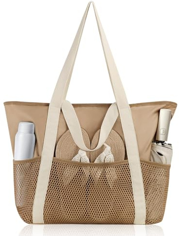 HaoHanEup Beach Tote Bag for Women with Zip, Waterproof Beach Bag with Pocket, Large Holiday Bags for Swimming Gym Travel Picnic Shopping (Khaki)