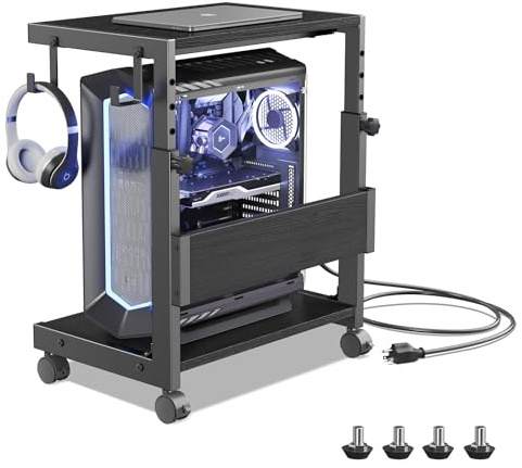 Support d'ordinateur réglable en hauteur avec 2 étages et espace de rangement – Support PC sur pied pour boîtier ATX, imprimante, avec roulettes verrouillables (noir, l 44 x P 30 x H 44 - 59,5 cm)
