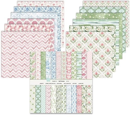 24 ark scrapbookpapper, 30,5 x 30,5 cm, blommigt dekorativt hantverksmaterial, 24 mönster dubbelsidigt scrapbookingmaterial för DIY-foto, album och scrapbookdekoration (grönt och rosa)