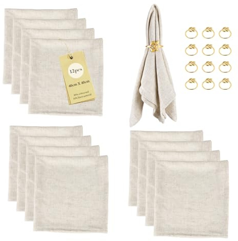 SUPAWAY 12-pack tygservetter linneservetter (12 bomullsservetter + 12 servettring) servett- och servettringset 40x40cm för bröllop födelsedag fest kök café restaurang, Beige