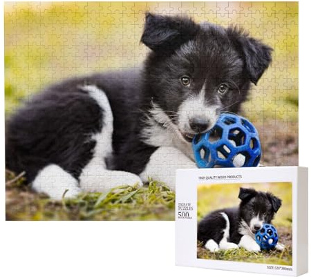 Border Collie Chiens Chiots Animaux de Compagnie Black Border,Puzzle Familial en Bois de 500 pièces pour Adultes et Adolescents, décoration d'intérieur