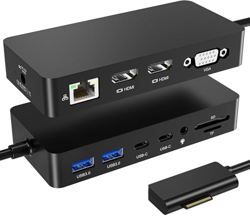Surface Dock, 12-in-1 Triple Displays VGA +Dual HDMI Surface Pro dock, Surface docking Station for Surface Pro 11/10/9/8/X/7/6/5/4/3, Surface Book, Surface Go, Surface Laptop Dock