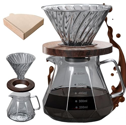 Leikurvo Pour Over - Set di caffettiera in vetro borosilicato da 600 ml, filtro per caffè con tazza e 100 filtri di carta, contagocce per caffè, caffettiera manuale, per casa, ufficio, attività