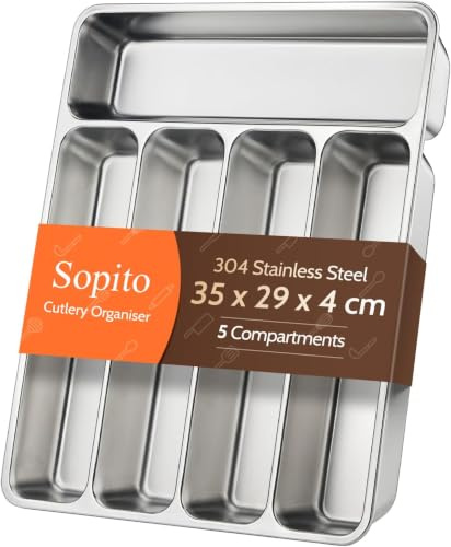 Sopito Cutlery Drawer Organiser, Stainless Steel Cutlery Tray, Kitchen Drawer Organiser with 5 Compartments