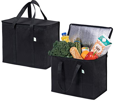 VENO 2 Pack Insulated Reusable Grocery Shopping Bag, Food Delivery, Cooler Bag, Heavy Duty, Large Size, Durable Handles, Dual Tab Zips, Lid, Stands Upright, Collapsible, Sustainable (Black, 2 Pack)