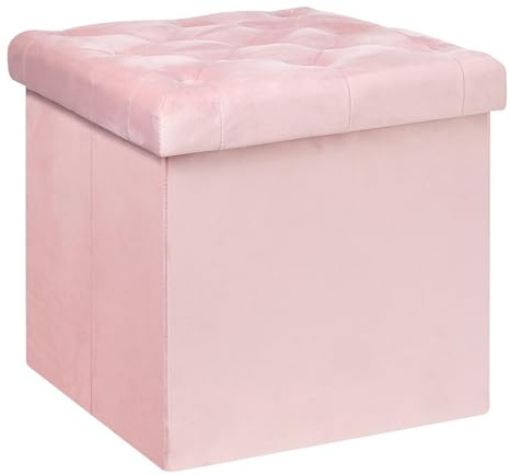 B FSOBEIIALEO Storage Ottoman Cube, Velvet Tufted Folding Ottomans with Lid, Footstool Rest Padded Seat for Bedroom (Pink, Medium)