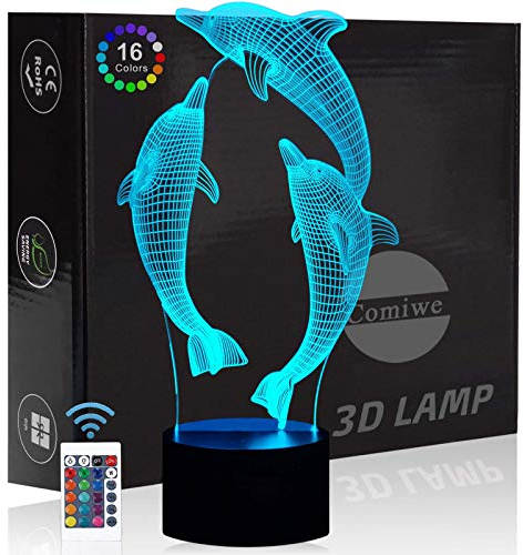 Comiwe Dauphin 3D Illusion Veilleuse Jouets,Décor de Maison LED Lampe de Chevet Table,Tactile & Télécommander 16 Couleurs,Cadeau d'Anniversaire de Noël Pour Filles Garçons Enfants Amis et Famille