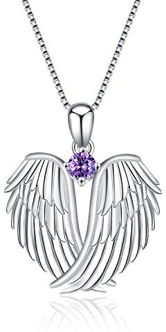 VONALA Guardian Angel Wings Necklace Sterling Silver Pendant with Sparkle Cubic Zirconia Jewellery For Women Girls Birthday Gift Birhstone February