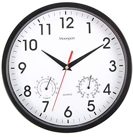 Moonport Wall Clock With Temperature, Silent Small Black Clock with Hygrometer, Room Thermometer Clocks for Living Room/Kitchen/Bathroom/Nursery/Bedrooms