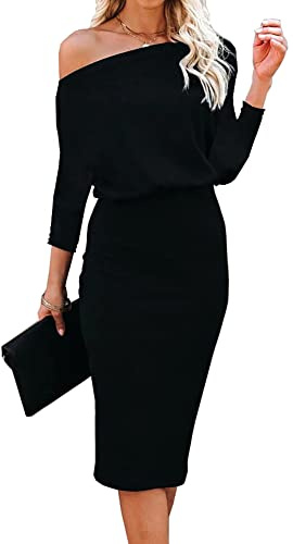 Ezbelle One Shoulder Batwings 3/4 Sleeve HIPS-Wrapped Sexy Bodycon Midi Dress Party Loose Blouson Dress for Women Black Large