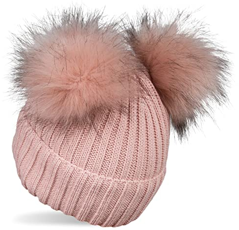 styleBREAKER Kinder Strick Bommelmütze mit 2 Kunstfellbommel und Fleece Futter, Winter Mütze, Strickmütze, 2-5 Jahre 04024203, Farbe:Altrose