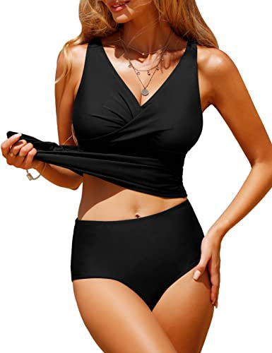 RITOSTA Bikini Badeanzug Damen Bauchweg Tankini Push Up Bikini Set High Waist Bademode Twist Front Zweiteiliger Badeanzüge V Ausschnitt Bikinis für Frauen Swimsuits(Schwarz,M)