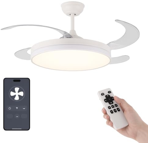 VENTILADOR TECHO LED APP MOVIL FACIL MONTAJE TECHO DC LED ATENUABLE RETRACTIL 4 ASPAS - Opción Sin Pitido, Temporizador, Invierno Verano, 3 Tonos, Modo Brisa, Bajo consumo (Blanco, 107D)