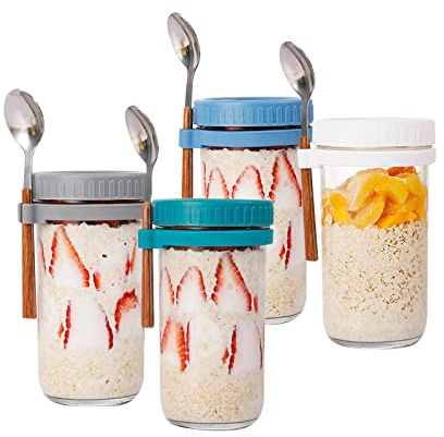 maxant Overnight Oats Jars w/ Lids & Spoon, 4Pcs Reusable Airtight Mason Jars Oatmeal Cup Container, Wide Mouth Breakfast Pots, Glass Yogurt Pots Salads Cereal Milk Porridge Fruit Vegetable (600ml)