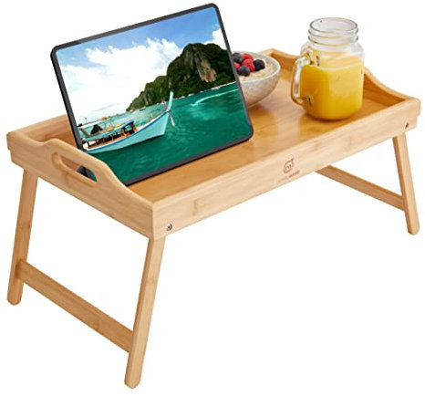Jumbleware Vassoio da letto in bambù Tavolo da colazione in legno portatile con gambe pieghevoli e maniglie per il trasporto per mangiare cibo o lavorare al computer portatile.
