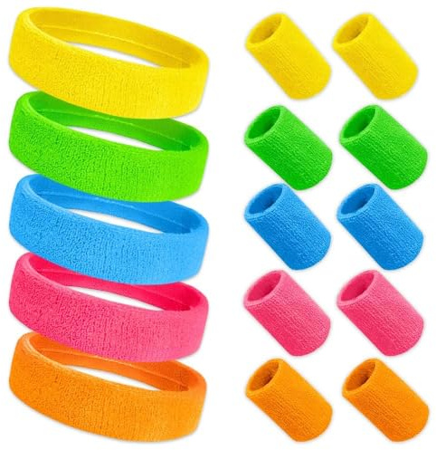 Udbrud Fasce per il Sudore, Fascia per Sudore Neon Anni '80 15Pcs Colore Fascia e Braccialetto Kit Fascia per Abbigliamento da Uomo e Donna per Costumi Carnevale Festa a Tema Yoga Tennis Palestra