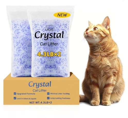 LMJP Crystal Cat Litter with Powerful Odor Control, Non-Clumping, Lasts Up to 2 Months, 8.6lb, Rapid Water Absorption, Unscented & Low Tracking Lightweight Blue & White Silica
