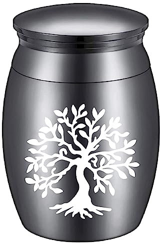 CREATCABIN Mini Urne Funéraire Petite Urne Souvenir Cendres Alliage Kit Métal Partage Funéraire Miniature Enterrement Conteneur pour Famille Amis Animaux Arbre de Vie Noir 4x3 cm