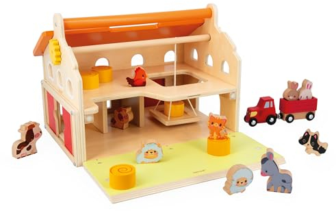 Janod - Mein erster Bauernhof aus Holz Kind - 16 Zubehörteile - Rollenspielzeug Kind - Fördert Handgeschicklichkeit und Fantasie - Spielzeug aus FSC-Holz - Ab 24 Monaten, J03318