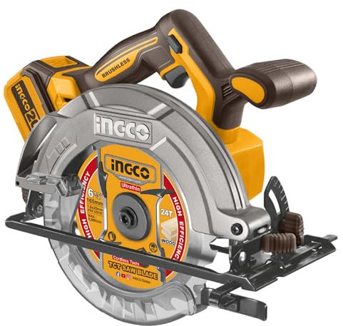 INGCO 20V Cordless Circular Saw 65mm (Body Only) Brushless Motor, 5200RPM, Max. Cutting Depth 55mm (90°) Powerful and Efficient Cutting Tool CSLI1652