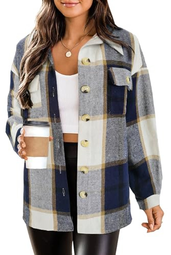 HOTOUCH Women Plaid Flannel Shacket Fall Outerwear Blue